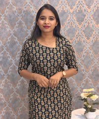 Black and Beige Color Floral Flex Cotton Kurti with Pocket / LSS180