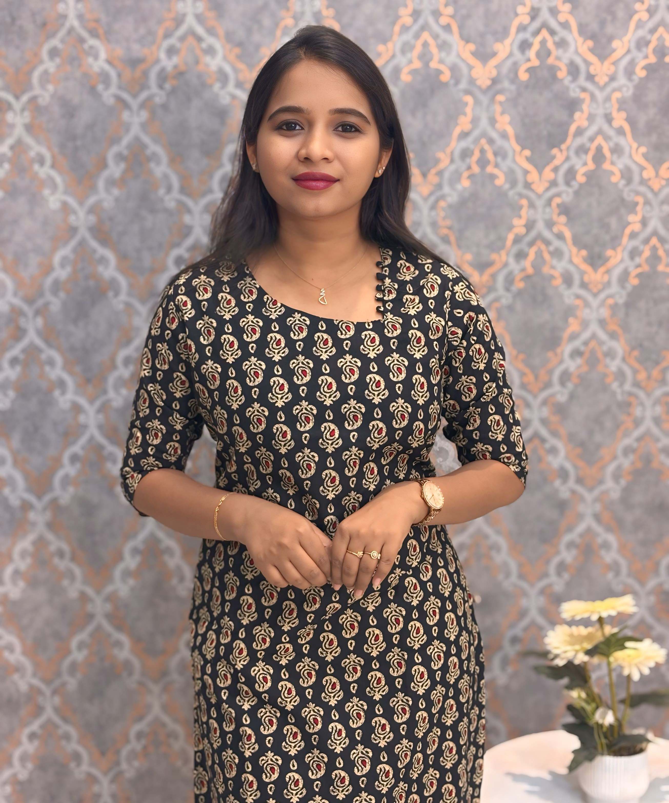 Black and Beige Color Floral Flex Cotton Kurti with Pocket / LSS180