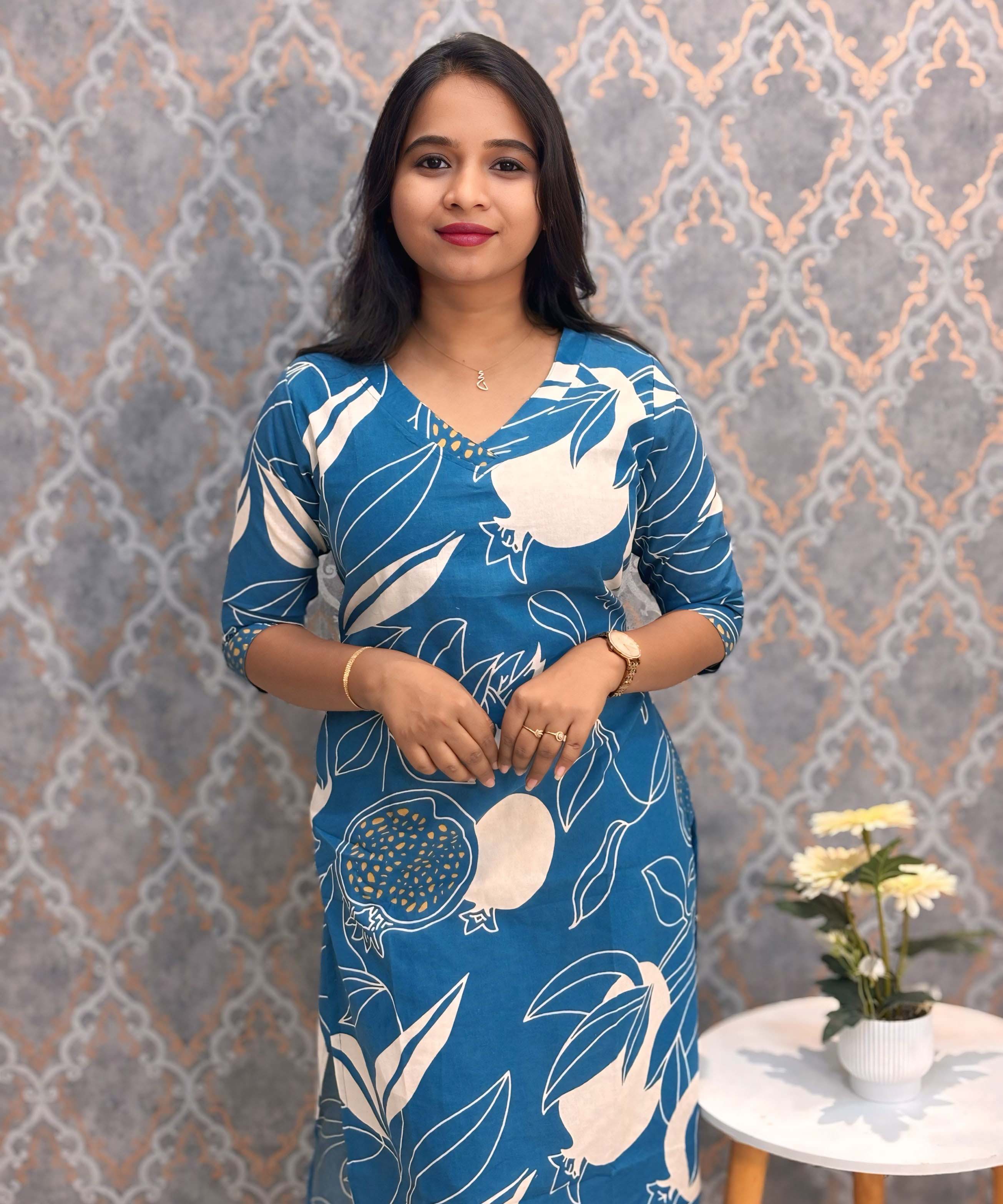 Blue and Half White Color Floral Flex Cotton Kurti with Pocket / LSS179