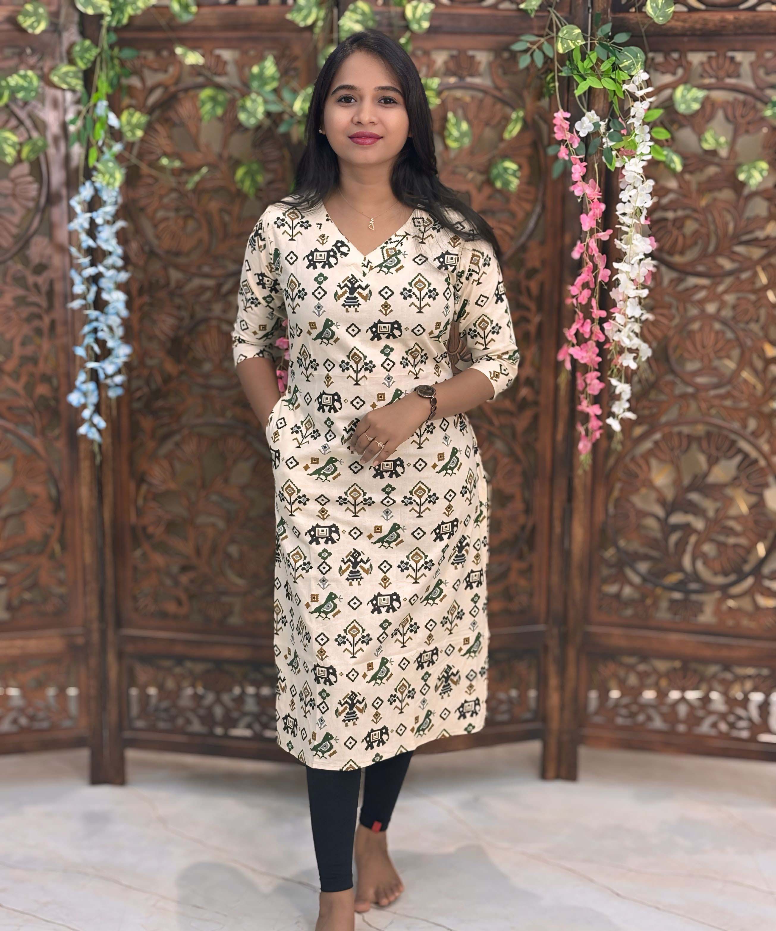V Neck Design Tribal Ikat Printed Flex Cotton Kurti with Pocket / LSS193