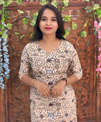 V Neck With Potli Design Warli Printed Flex Cotton Kurti with Pocket / LSS192