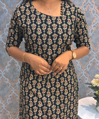 Black and Beige Color Floral Flex Cotton Kurti with Pocket / LSS180
