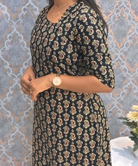 Black and Beige Color Floral Flex Cotton Kurti with Pocket / LSS180