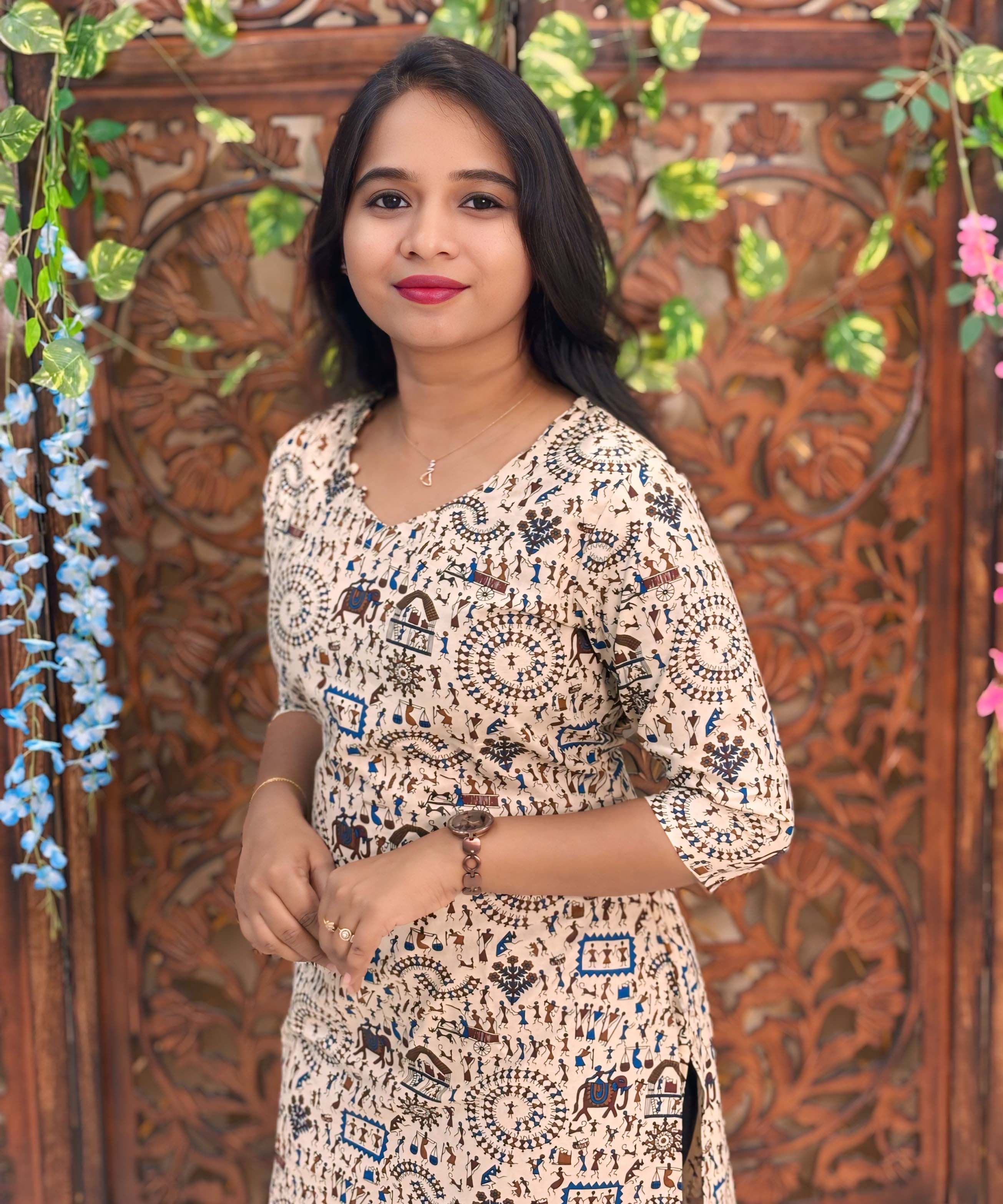 V Neck With Potli Design Warli Printed Flex Cotton Kurti with Pocket / LSS192
