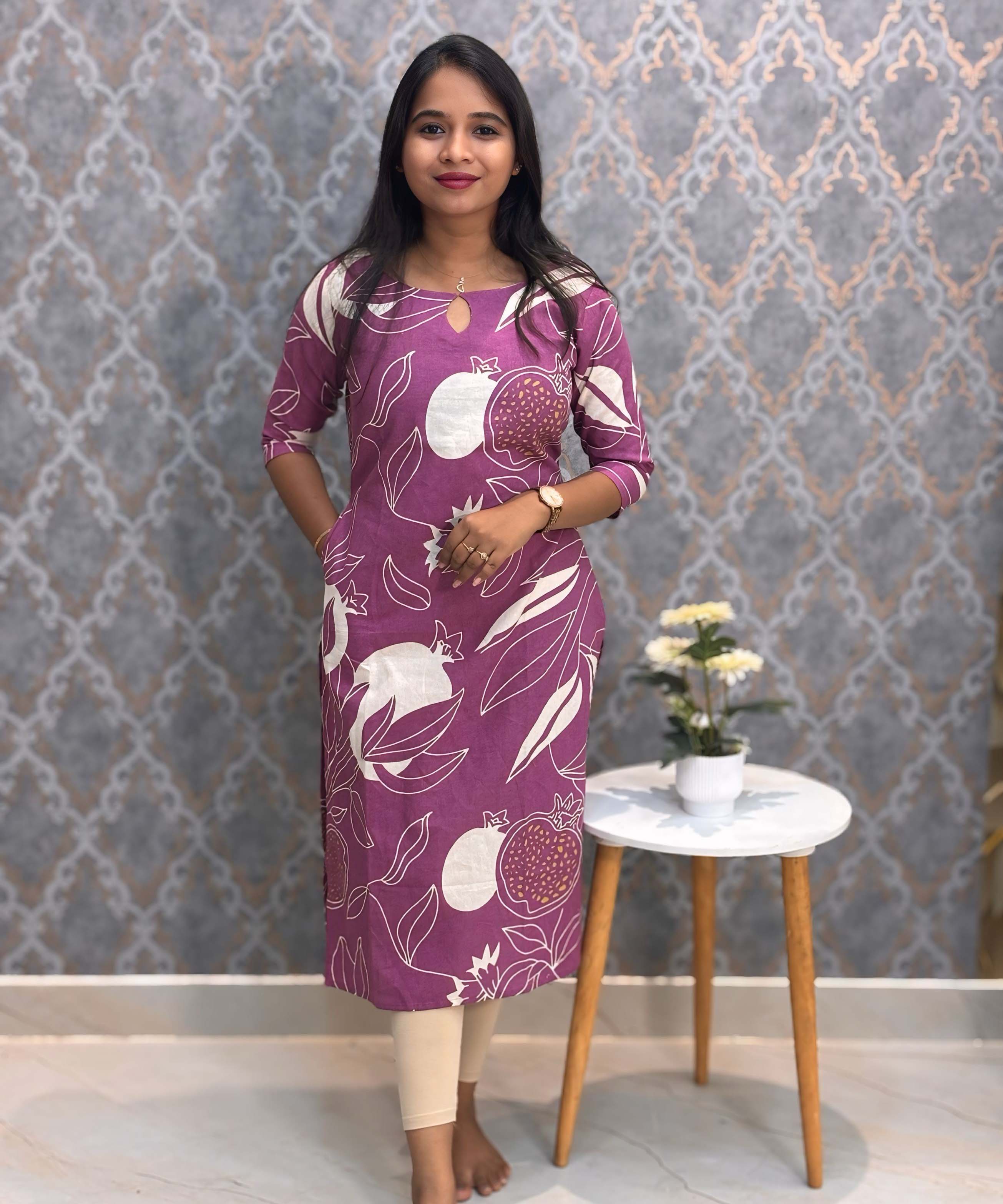 Purple and Half White Color Floral Flex Cotton Kurti with Pocket / LSS179