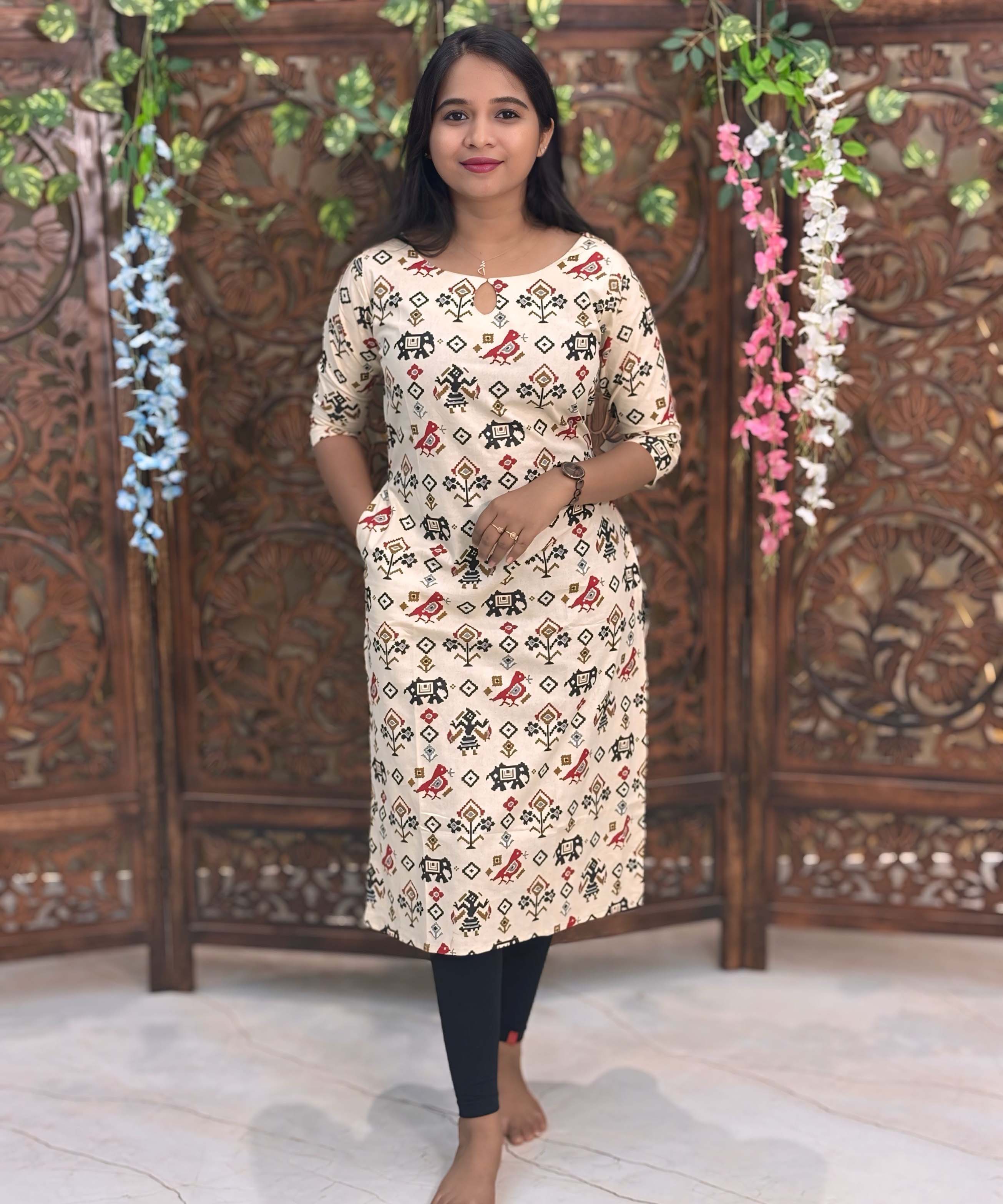 Boat Neck Design Tribal Ikat Printed Flex Cotton Kurti with Pocket / LSS193