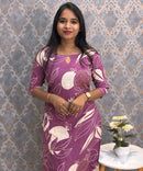 Purple and Half White Color Floral Flex Cotton Kurti with Pocket / LSS179