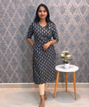 Navy Blue and Beige Color Floral Flex Cotton Kurti with Pocket / LSS180