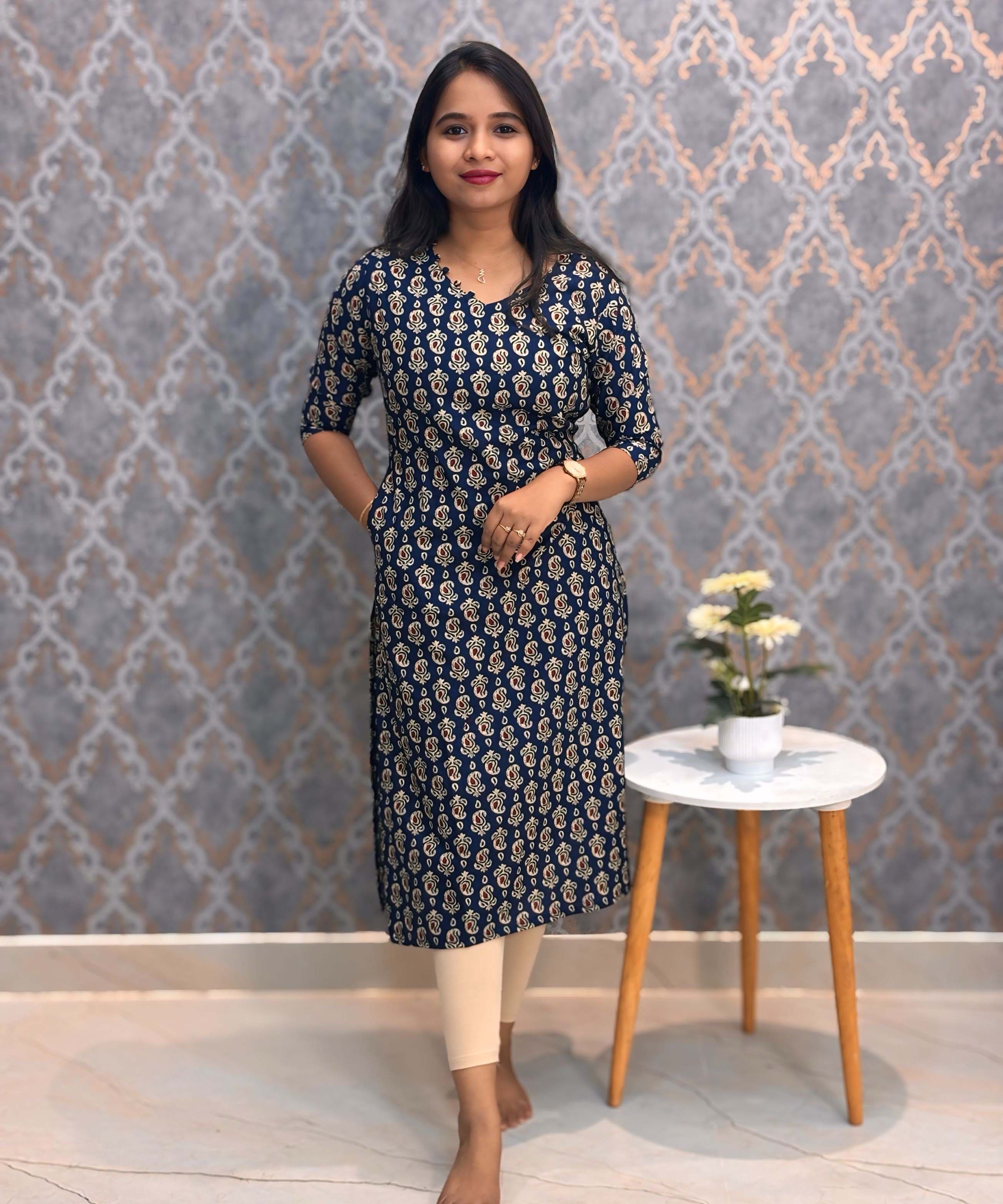 Navy Blue and Beige Color Floral Flex Cotton Kurti with Pocket / LSS180