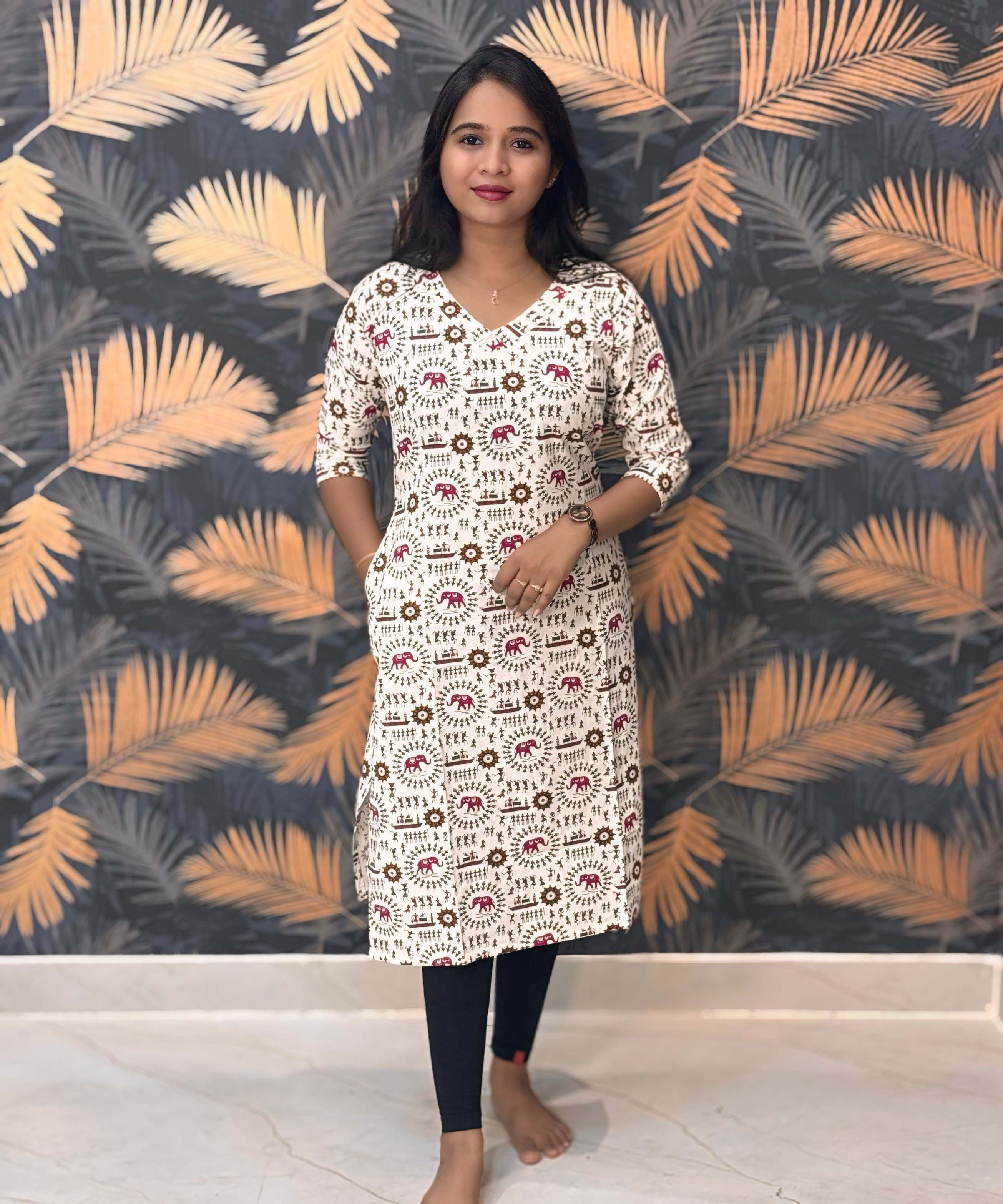 Warli Printed Pink Color Elephant Design Flex Cotton Kurti with Pocket / LSS191