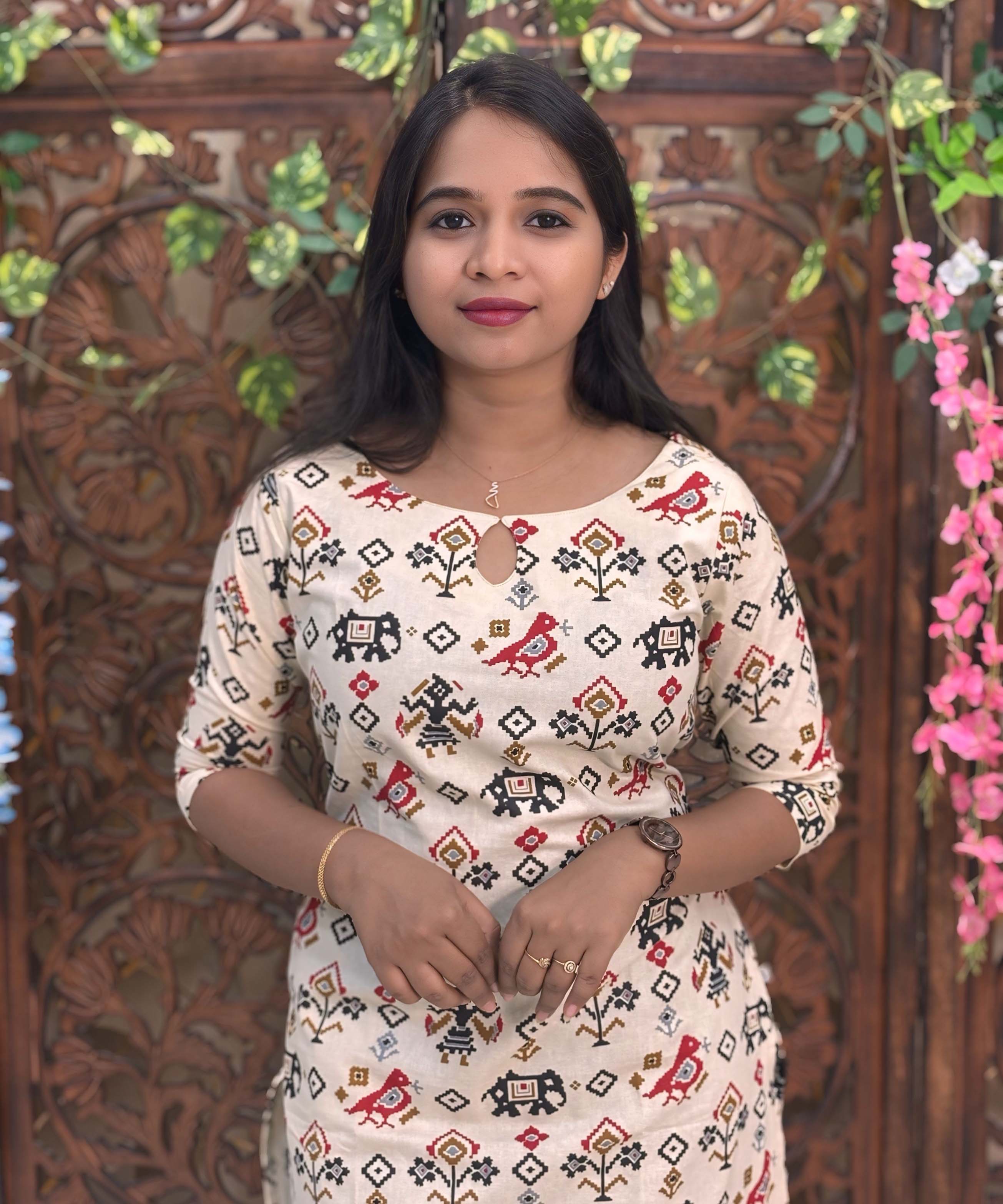 Boat Neck Design Tribal Ikat Printed Flex Cotton Kurti with Pocket / LSS193