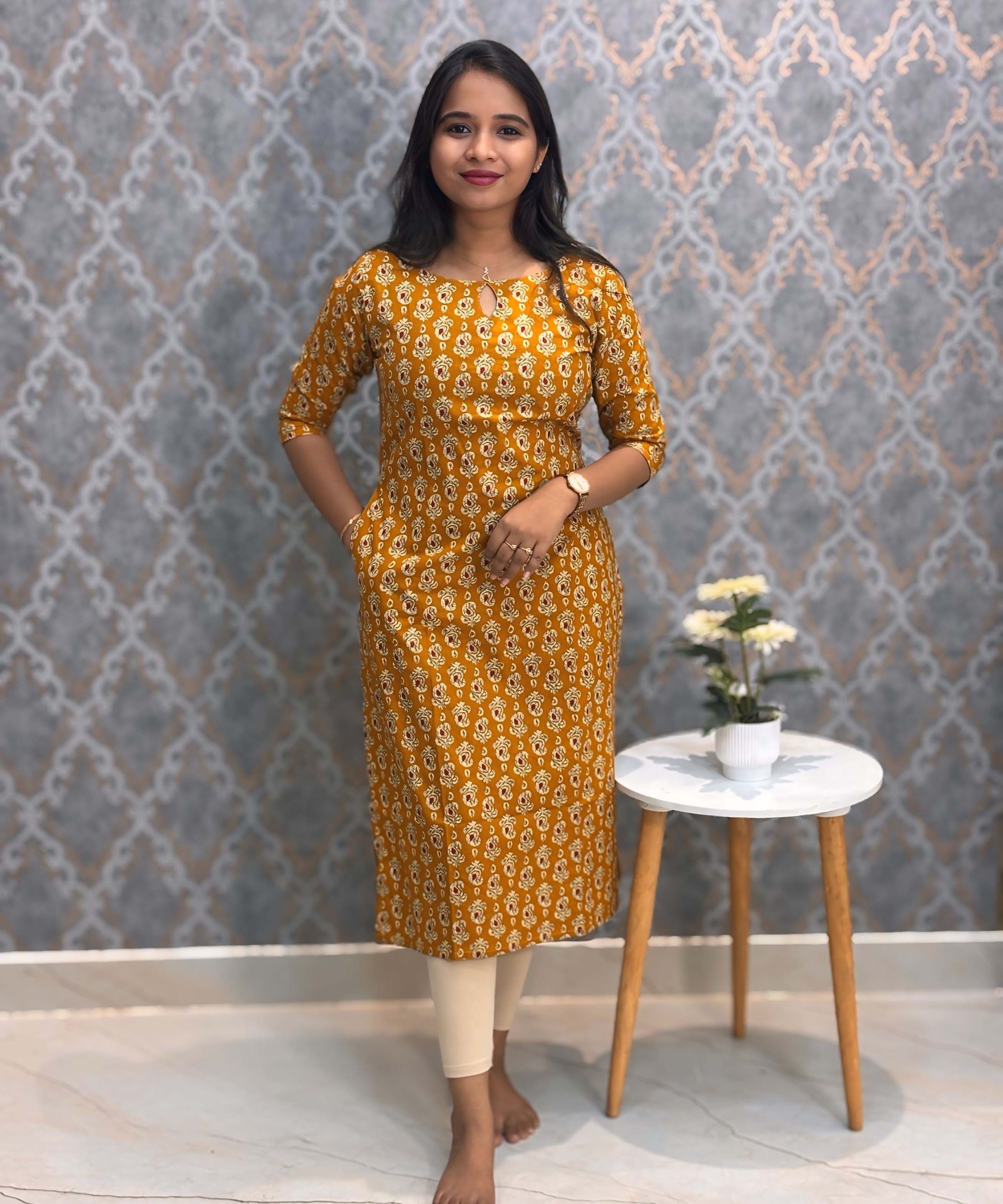 Mustard Yellow and Beige Color Floral Flex Cotton Kurti with Pocket / LSS180