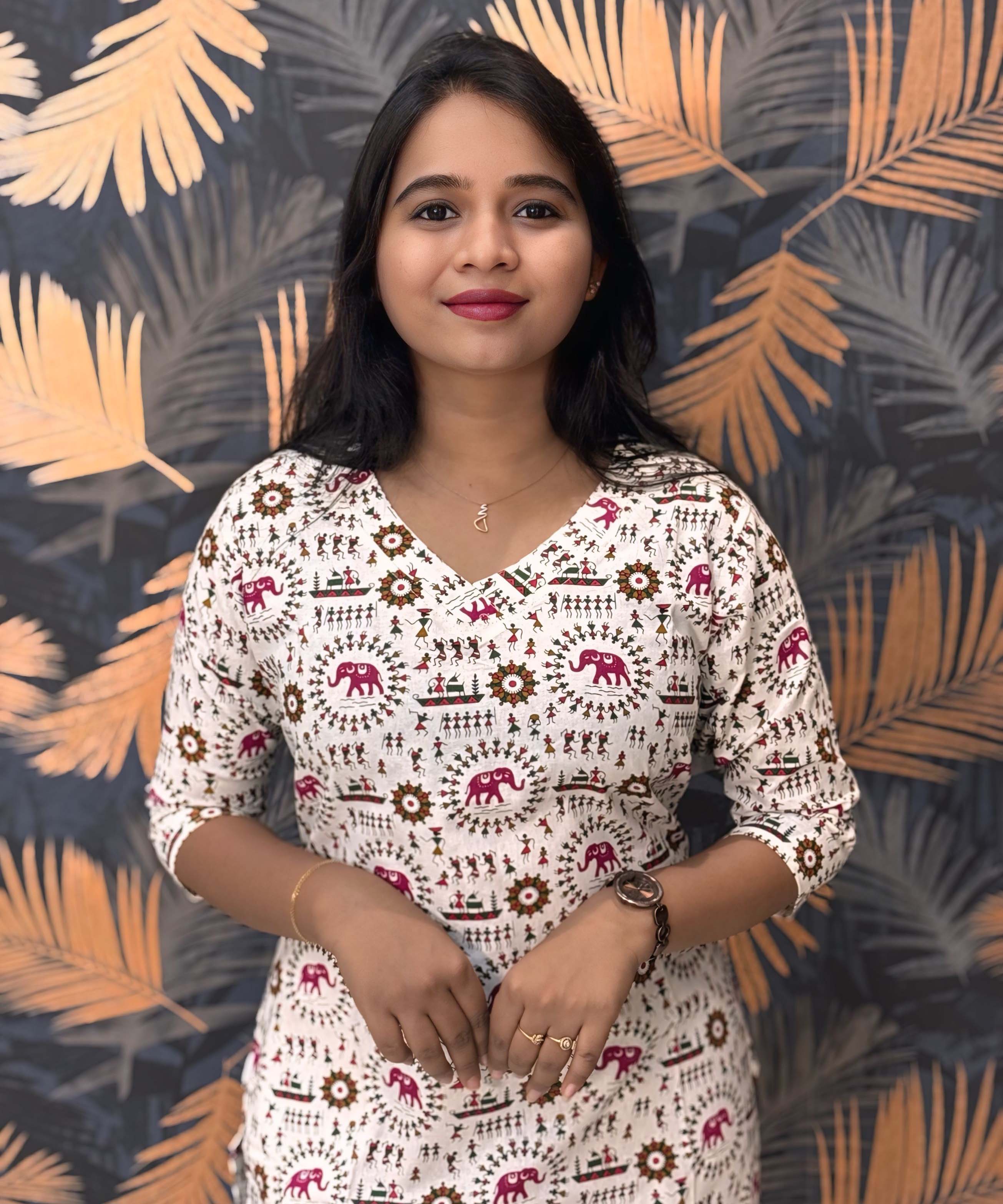 Warli Printed Pink Color Elephant Design Flex Cotton Kurti with Pocket / LSS191