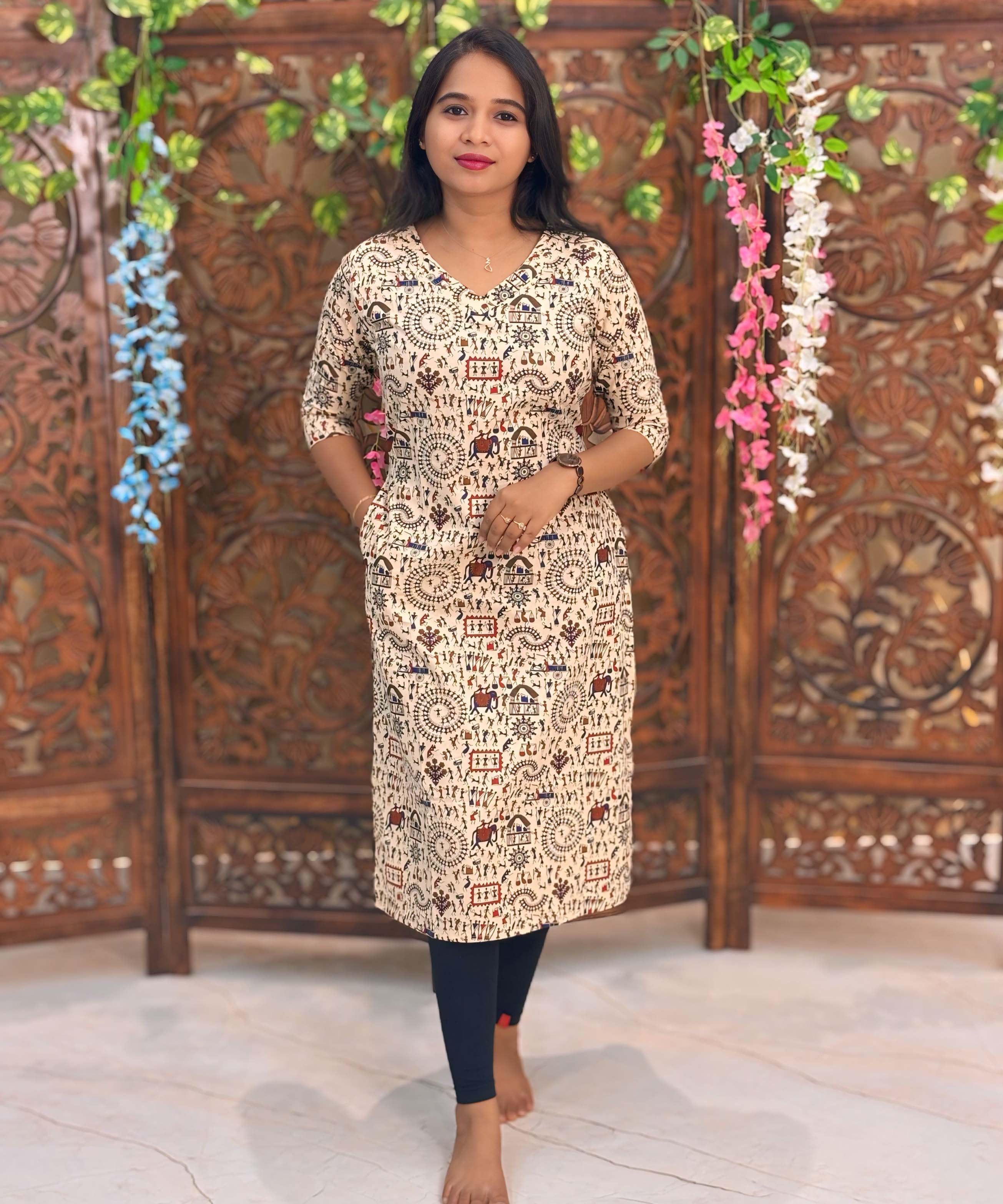 V Neck Design Warli Printed Flex Cotton Kurti with Pocket / LSS192