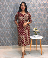 Maroon and Beige Color Floral Flex Cotton Kurti with Pocket / LSS180