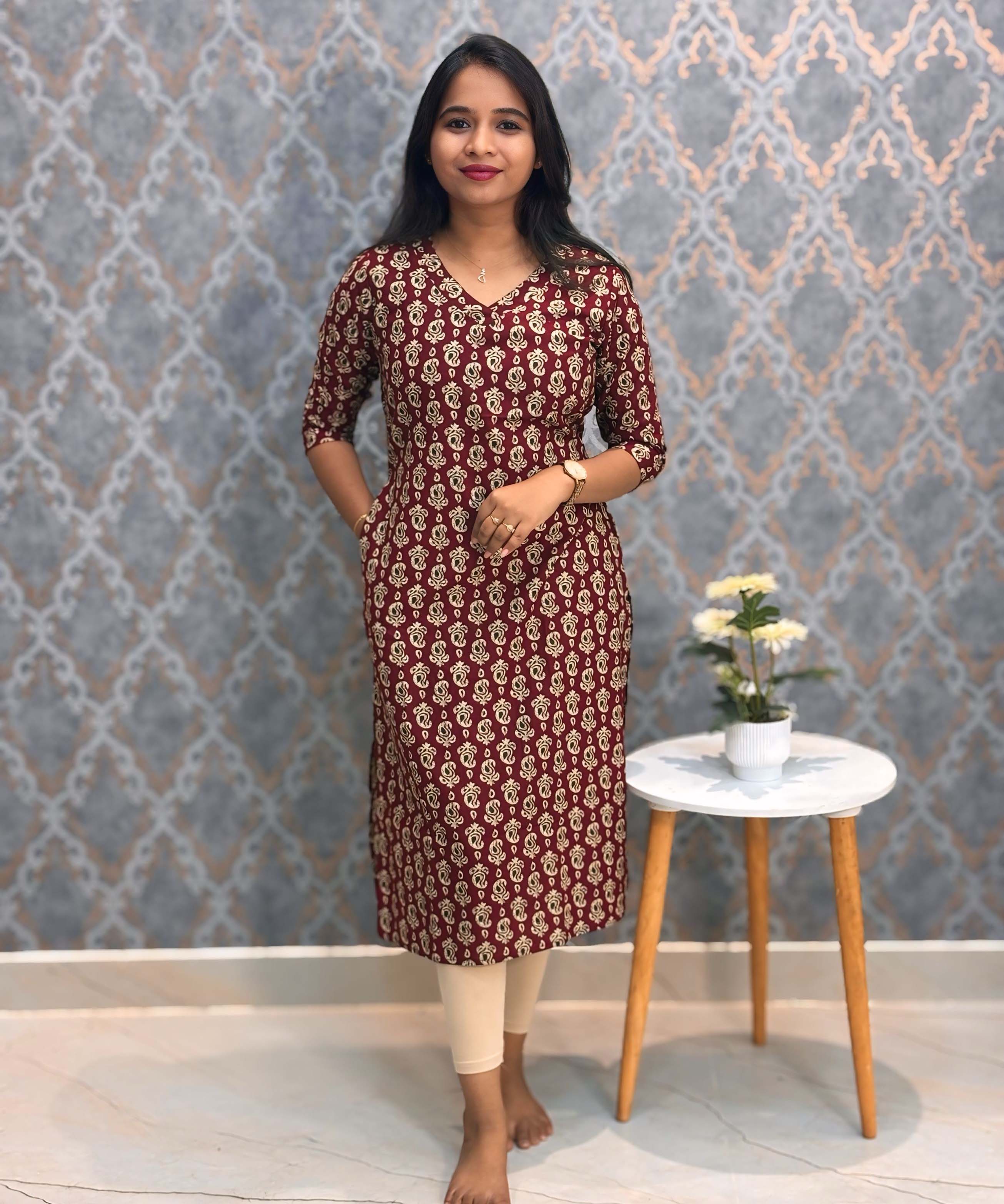 Maroon and Beige Color Floral Flex Cotton Kurti with Pocket / LSS180