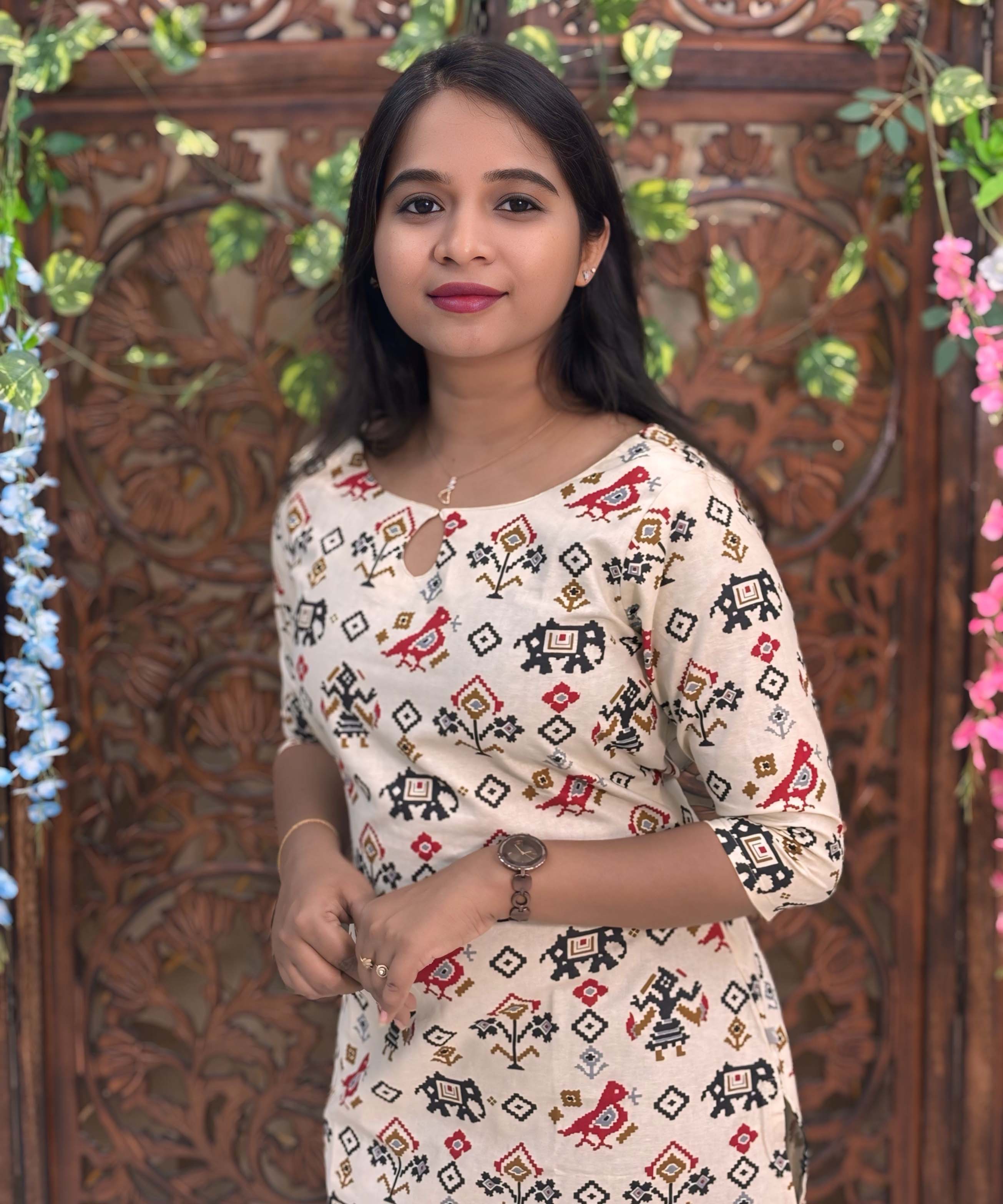 Boat Neck Design Tribal Ikat Printed Flex Cotton Kurti with Pocket / LSS193