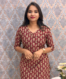 Maroon and Beige Color Floral Flex Cotton Kurti with Pocket / LSS180