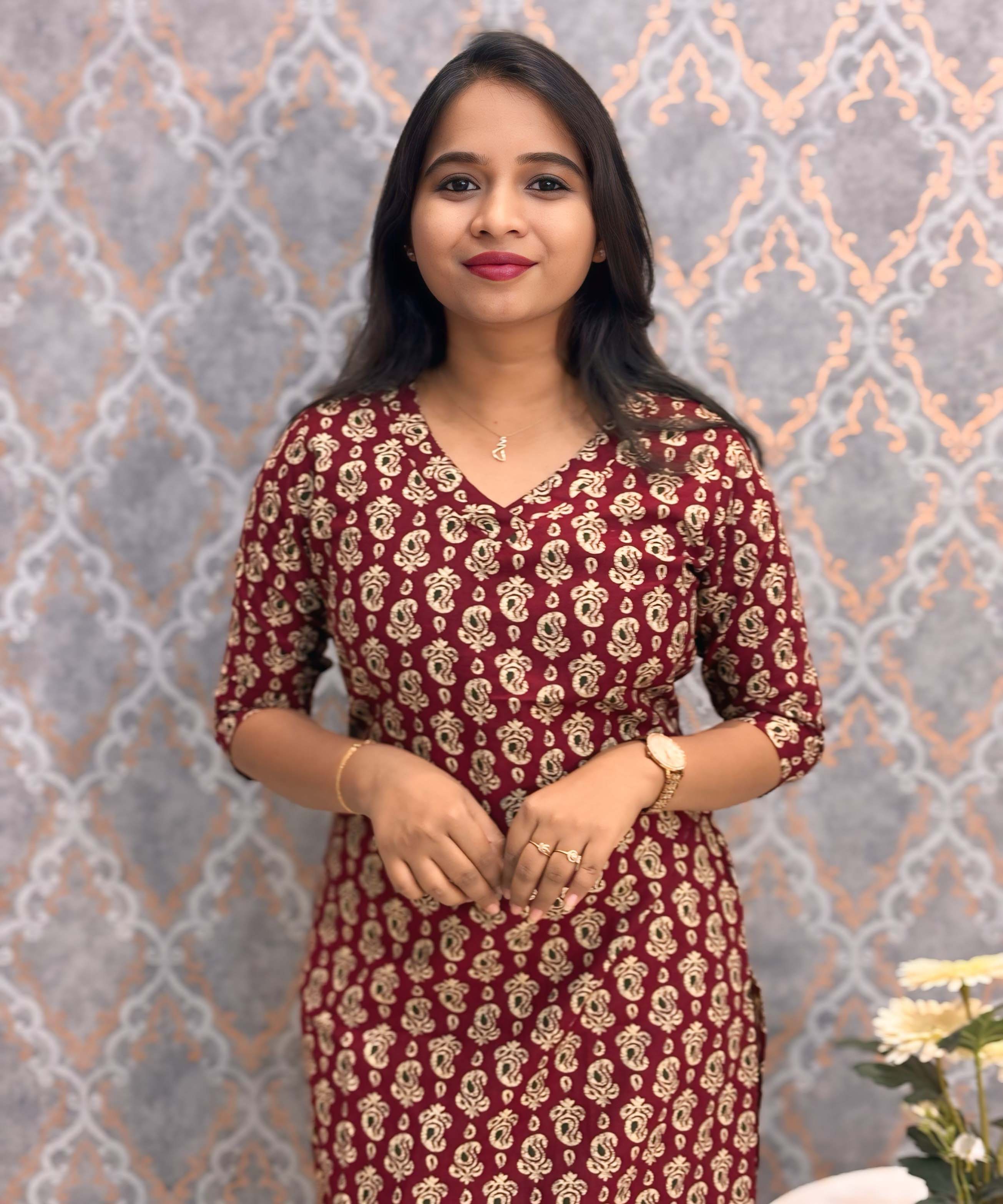 Maroon and Beige Color Floral Flex Cotton Kurti with Pocket / LSS180