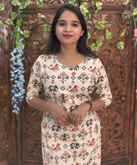 V Neck With Potli Design Tribal Ikat Printed Flex Cotton Kurti with Pocket / LSS193