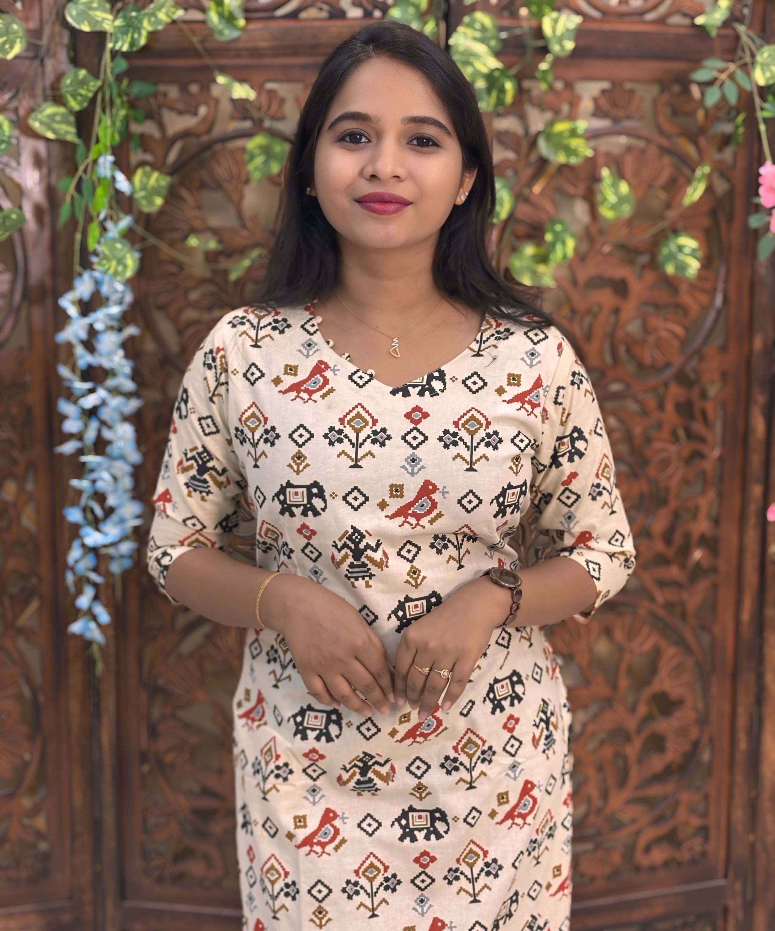 V Neck With Potli Design Tribal Ikat Printed Flex Cotton Kurti with Pocket / LSS193