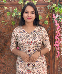 V Neck Design Warli Printed Flex Cotton Kurti with Pocket / LSS192