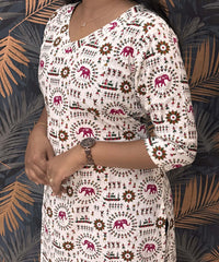 Warli Printed Pink Color Elephant Design Flex Cotton Kurti with Pocket / LSS191