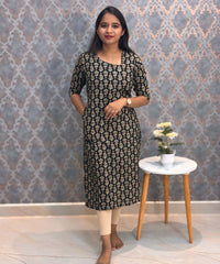 Black and Beige Color Floral Flex Cotton Kurti with Pocket / LSS180