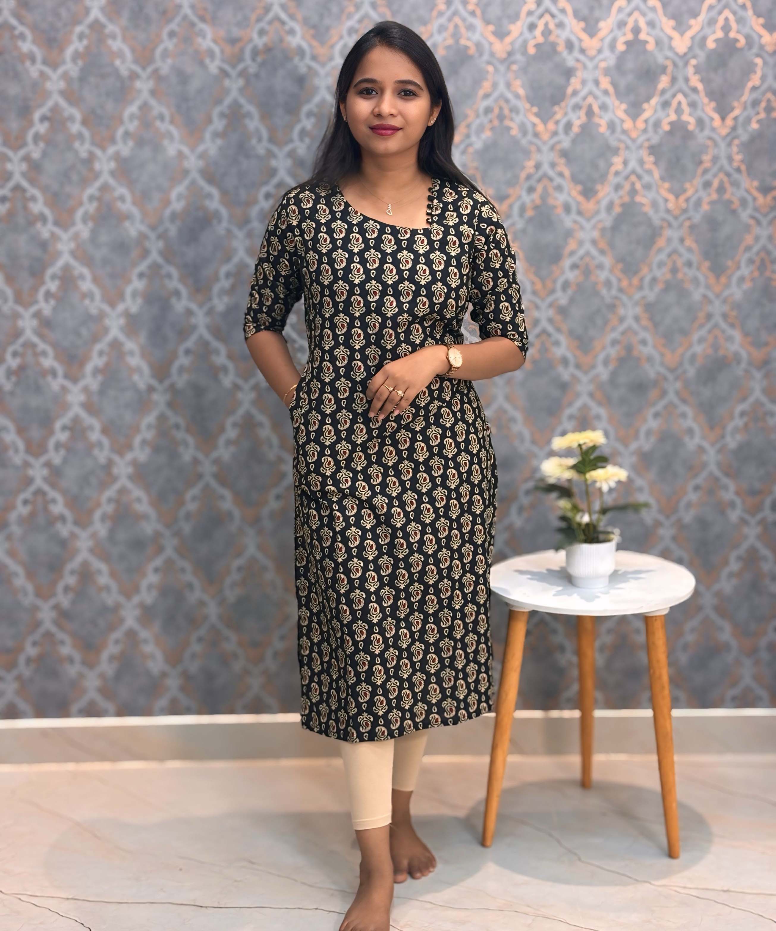 Black and Beige Color Floral Flex Cotton Kurti with Pocket / LSS180