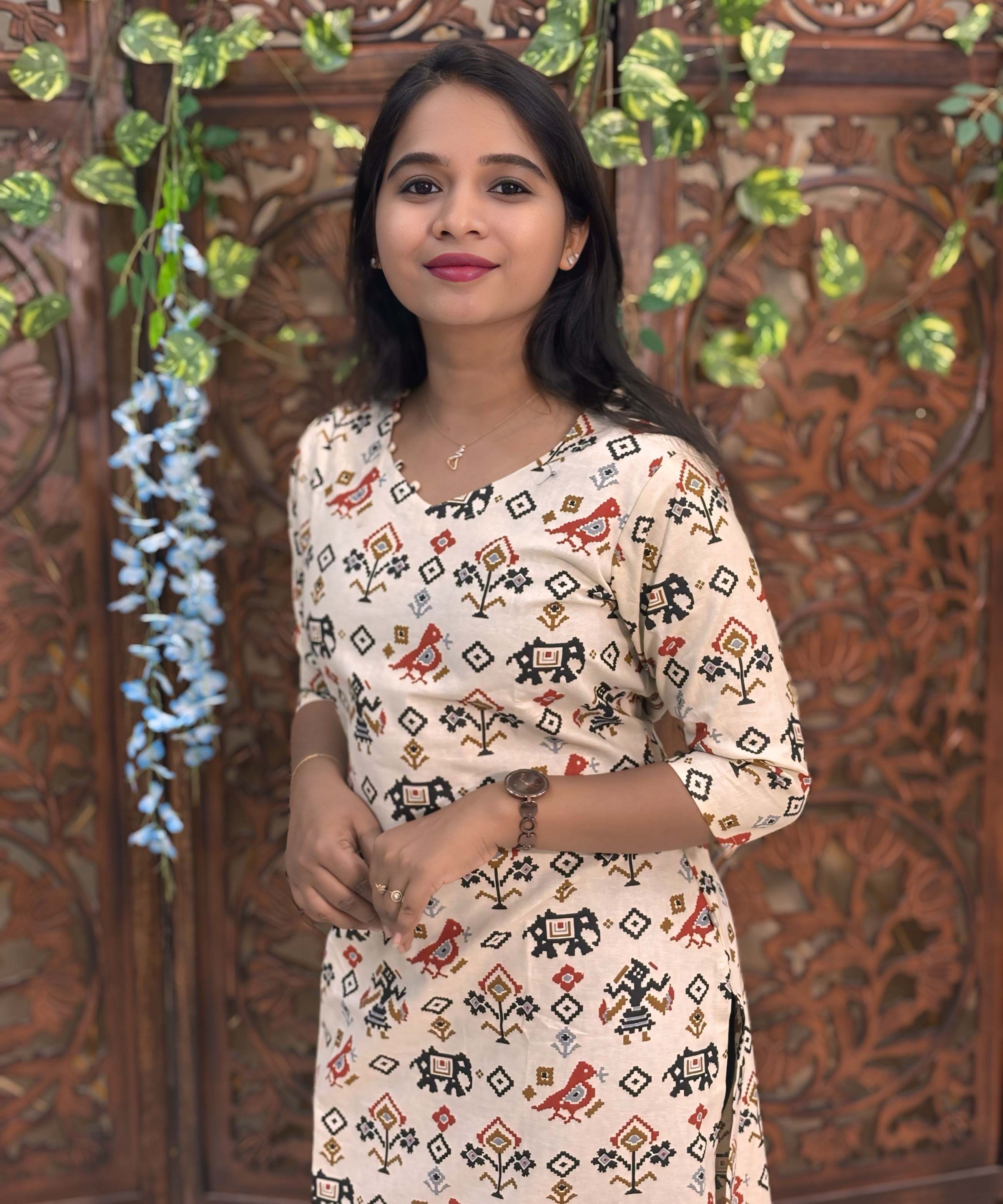 V Neck With Potli Design Tribal Ikat Printed Flex Cotton Kurti with Pocket / LSS193