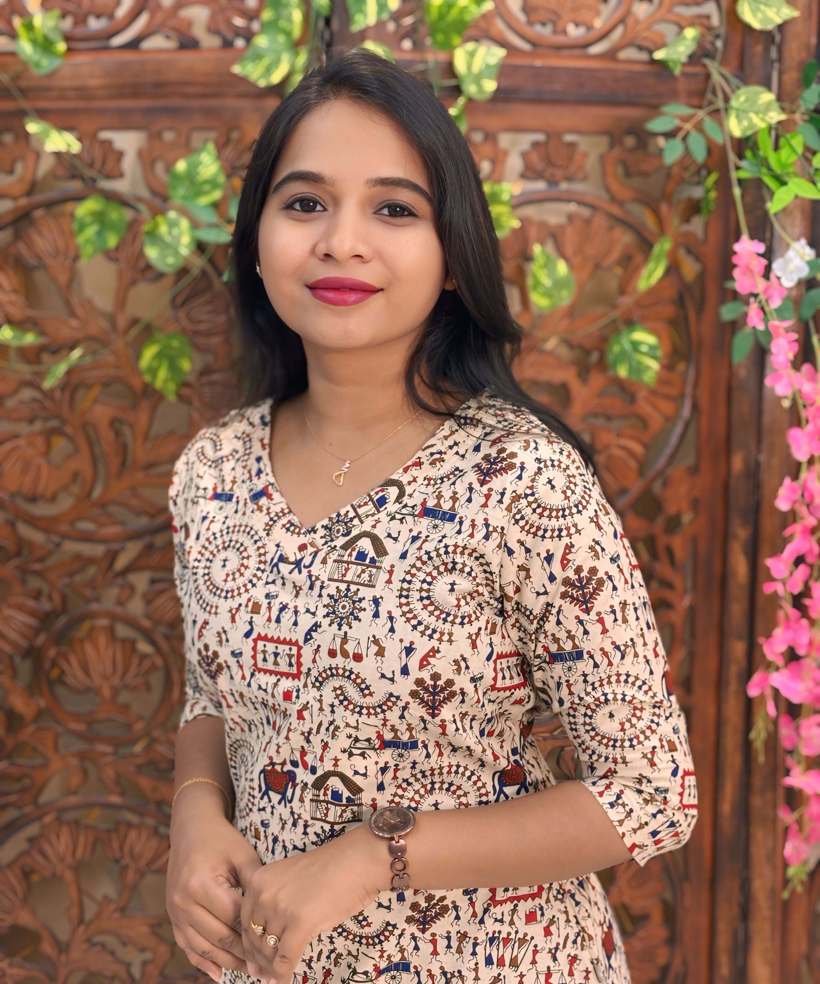 V Neck Design Warli Printed Flex Cotton Kurti with Pocket / LSS192