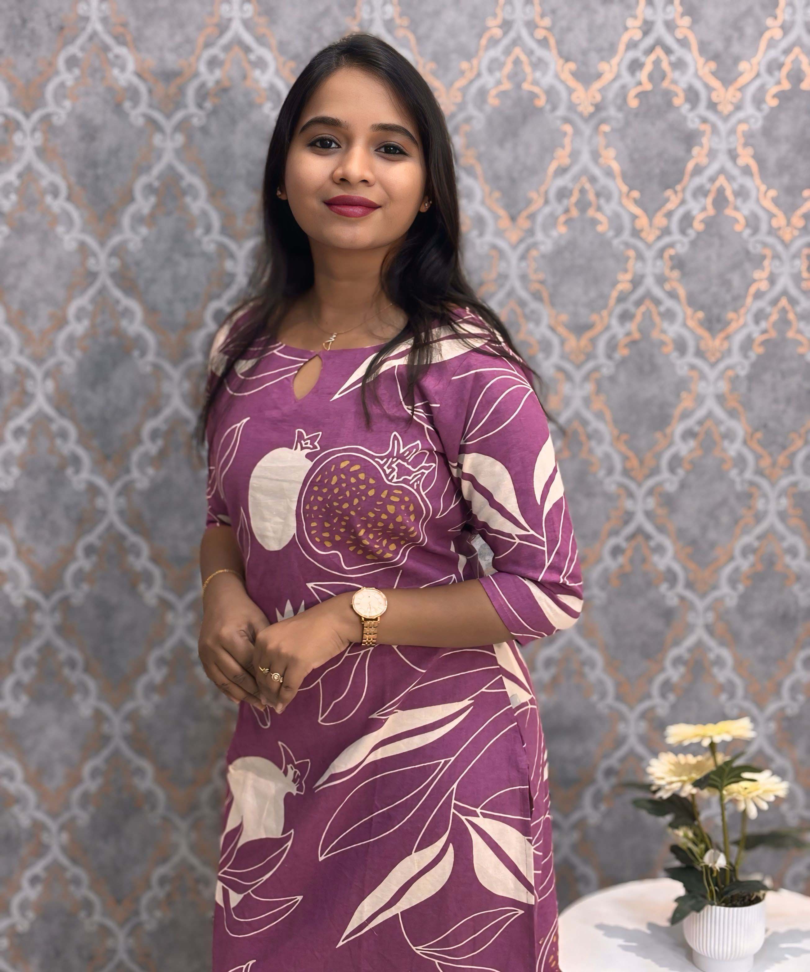 Purple and Half White Color Floral Flex Cotton Kurti with Pocket / LSS179