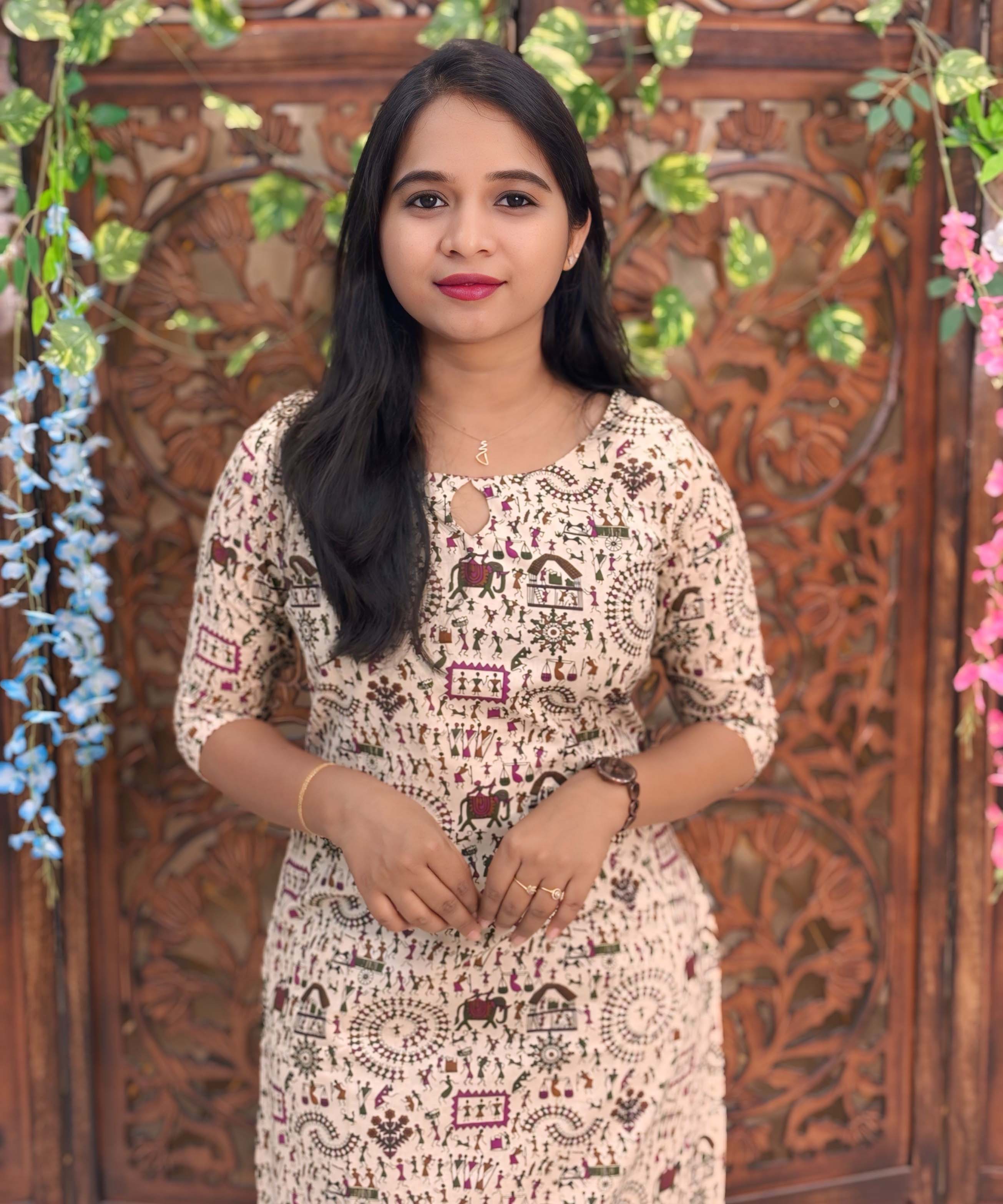 Boat Neck Design Warli Printed Flex Cotton Kurti with Pocket / LSS192