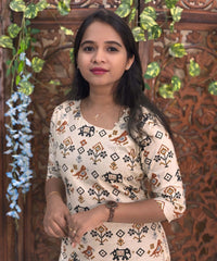 Side Cut with Potli Neck Design Tribal Ikat Printed Flex Cotton Kurti with Pocket / LSS193