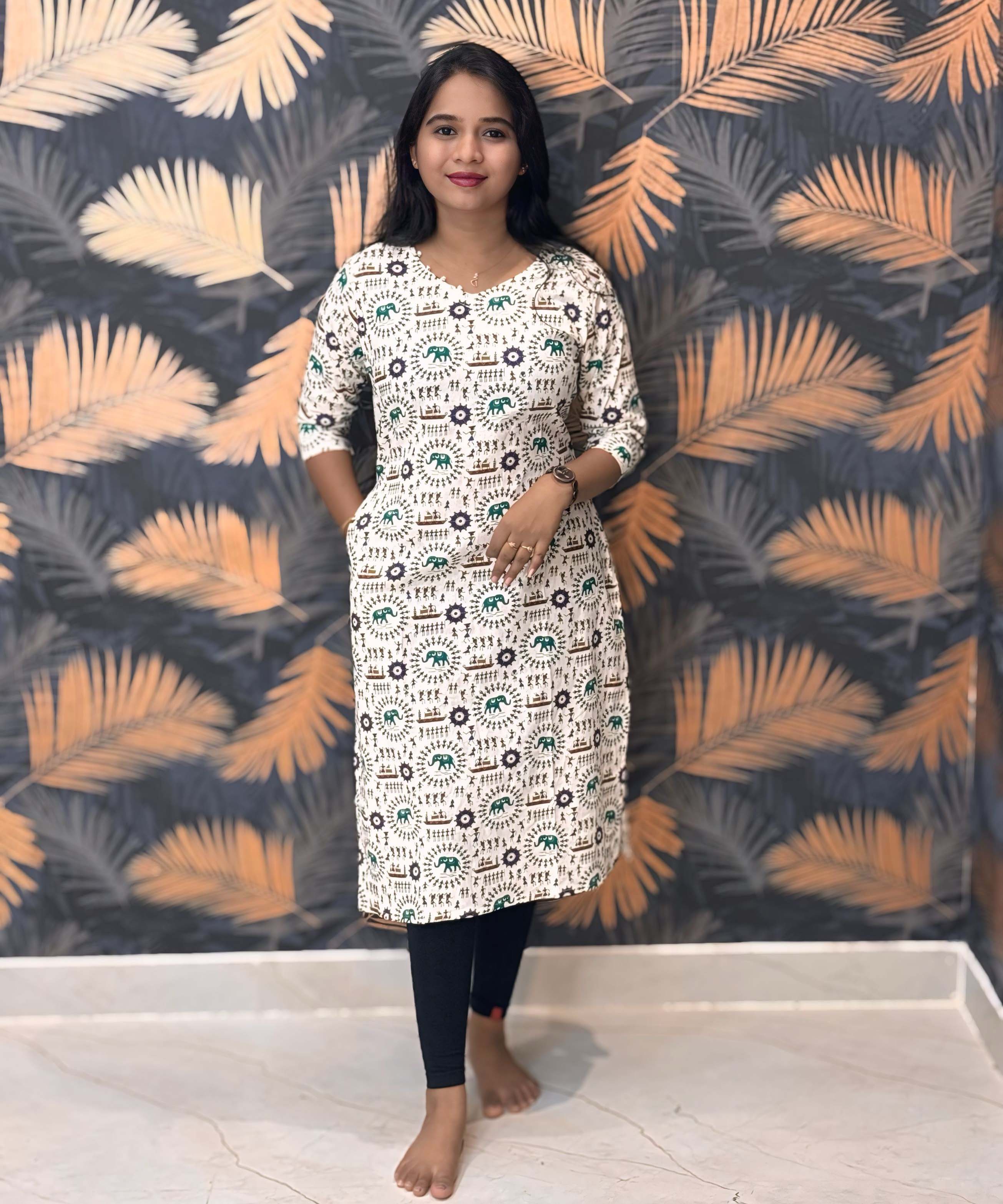 Warli Printed Green Color Elephant Design Flex Cotton Kurti with Pocket / LSS191