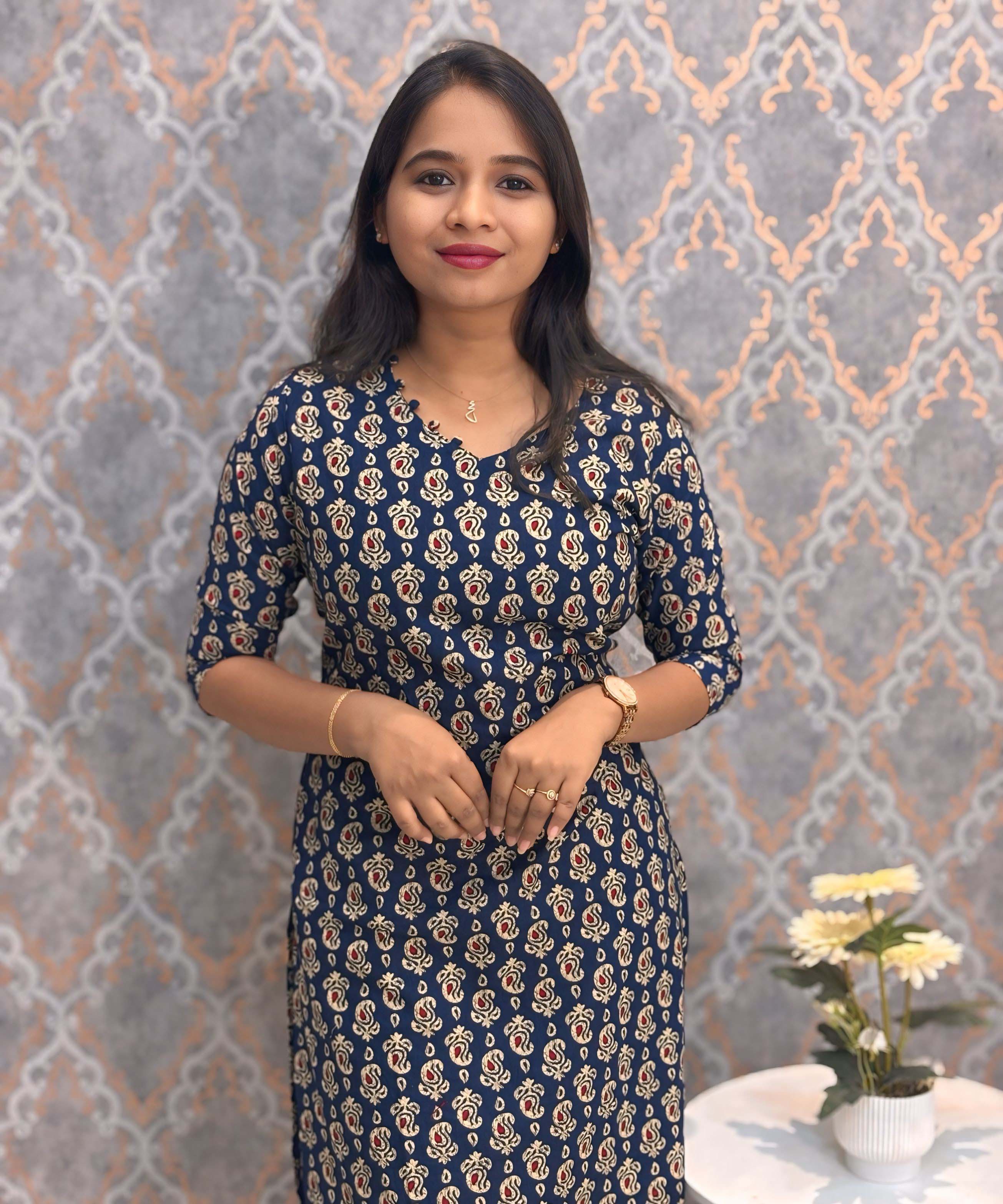 Navy Blue and Beige Color Floral Flex Cotton Kurti with Pocket / LSS180