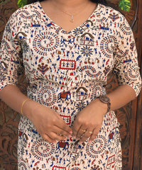 V Neck Design Warli Printed Flex Cotton Kurti with Pocket / LSS192