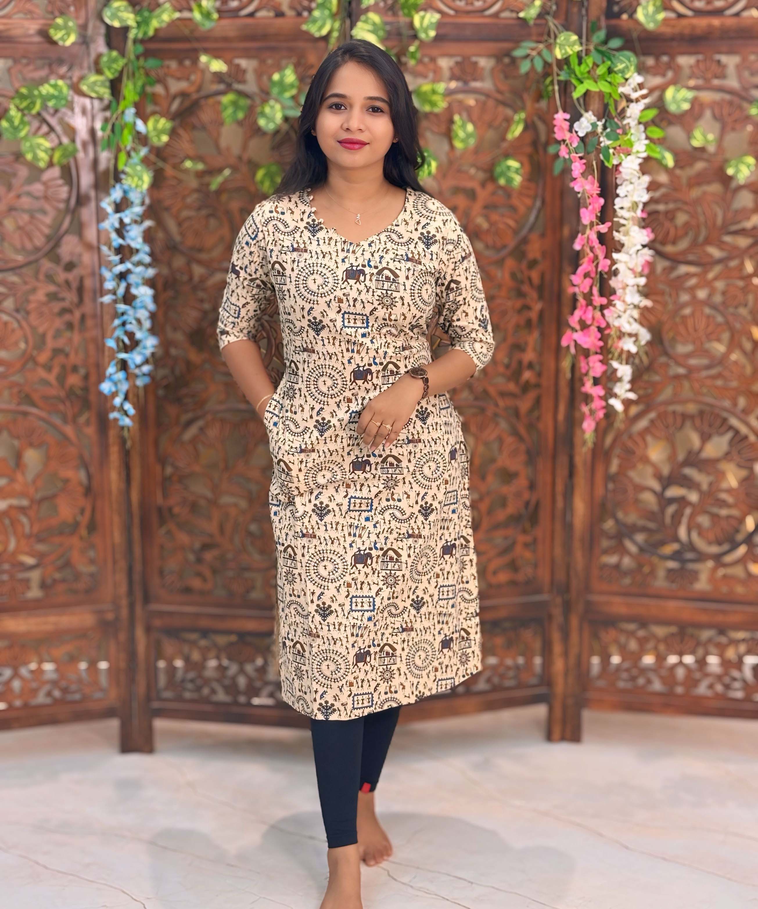 V Neck With Potli Design Warli Printed Flex Cotton Kurti with Pocket / LSS192