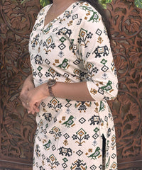 V Neck Design Tribal Ikat Printed Flex Cotton Kurti with Pocket / LSS193