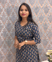 Navy Blue and Beige Color Floral Flex Cotton Kurti with Pocket / LSS180