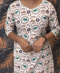 Warli Printed Green Color Elephant Design Flex Cotton Kurti with Pocket / LSS191