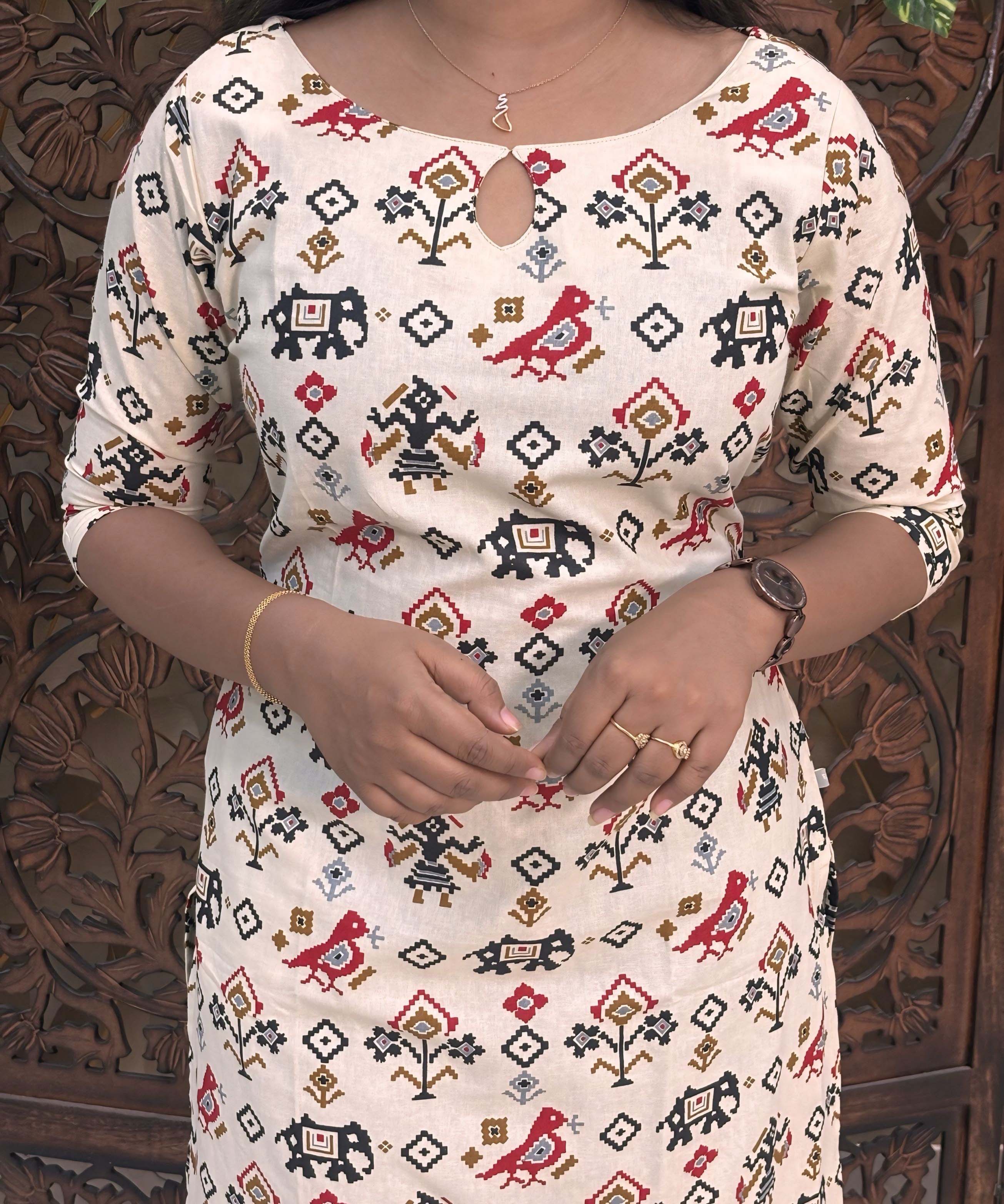 Boat Neck Design Tribal Ikat Printed Flex Cotton Kurti with Pocket / LSS193