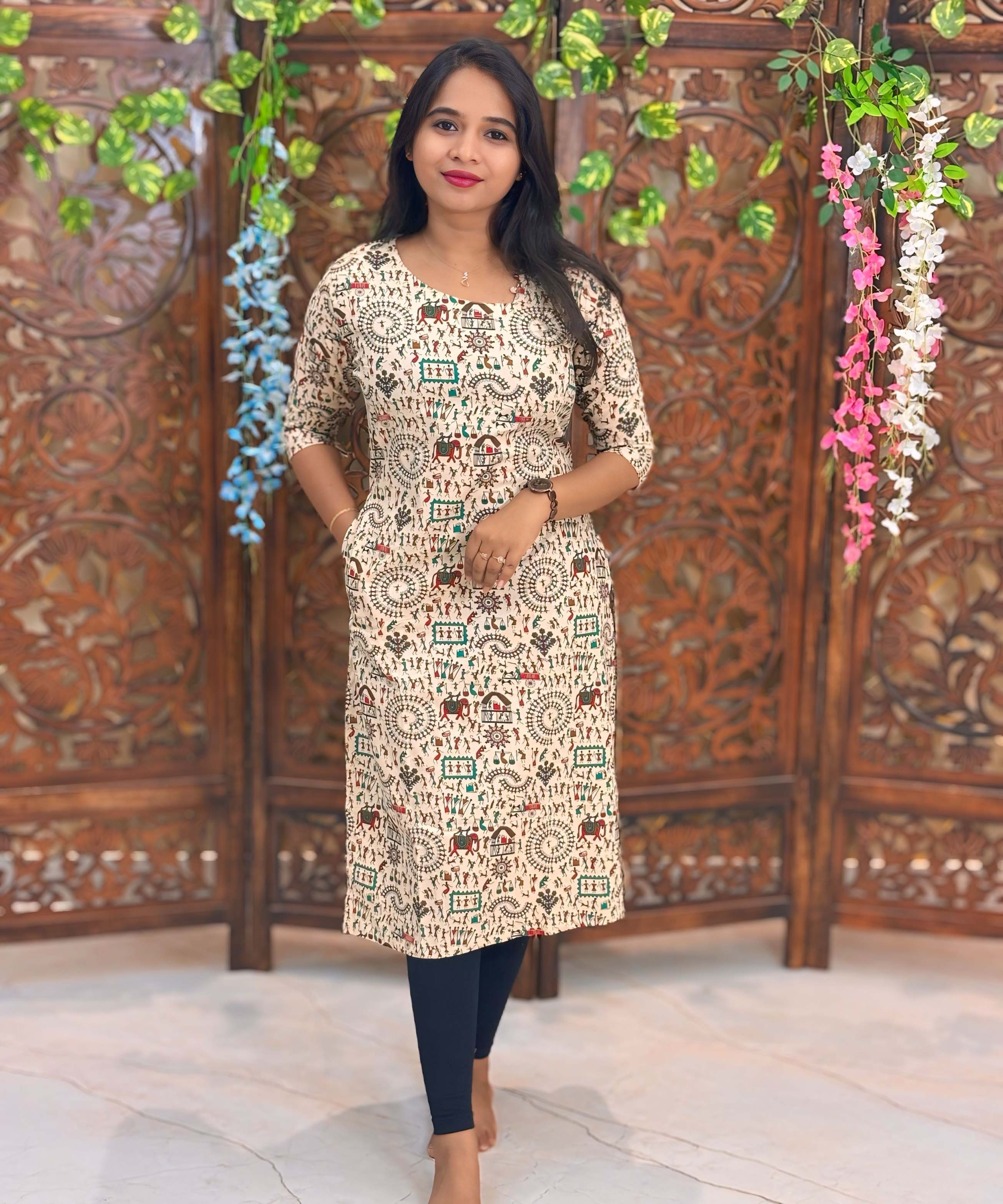 Side Cut with Potli Neck Design Warli Printed Flex Cotton Kurti with Pocket / LSS192