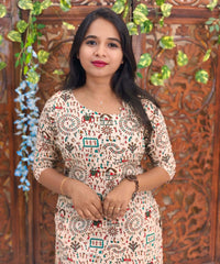 Side Cut with Potli Neck Design Warli Printed Flex Cotton Kurti with Pocket / LSS192