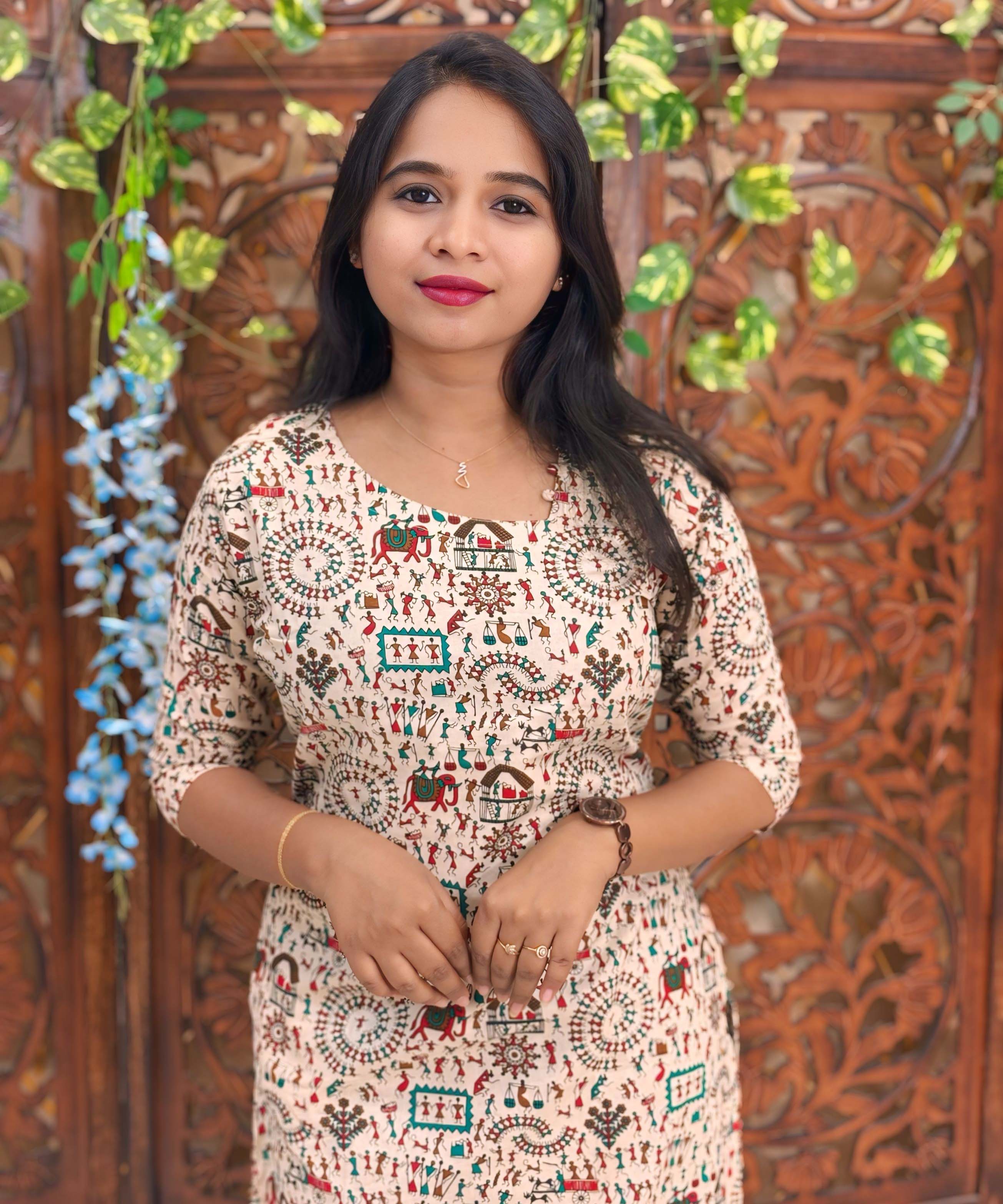 Side Cut with Potli Neck Design Warli Printed Flex Cotton Kurti with Pocket / LSS192