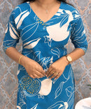 Blue and Half White Color Floral Flex Cotton Kurti with Pocket / LSS179
