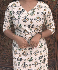 V Neck Design Tribal Ikat Printed Flex Cotton Kurti with Pocket / LSS193