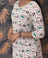 Warli Printed Green Color Elephant Design Flex Cotton Kurti with Pocket / LSS191