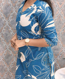 Blue and Half White Color Floral Flex Cotton Kurti with Pocket / LSS179