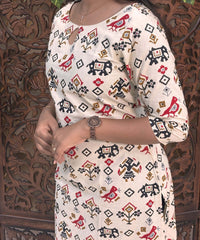Boat Neck Design Tribal Ikat Printed Flex Cotton Kurti with Pocket / LSS193